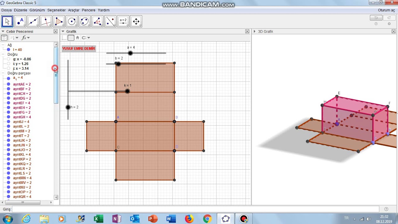 GEOGEBRA DİKDÖRTGENLER PRİZMASI (diktörtgenler prizması yapıp,açılımını inceleme)