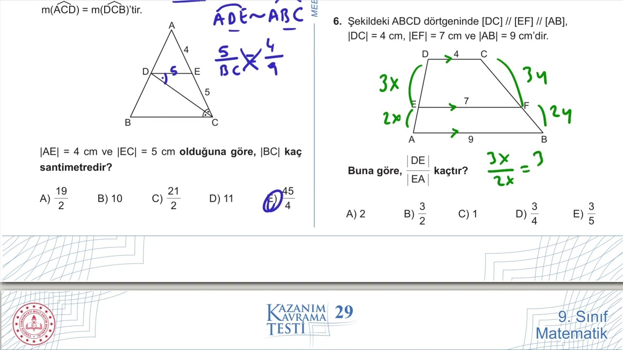 9. Sınıf Matematik Kazanım Kavrama Test 29 (Üçgenlerde Eşlik ve Benzerlik) Çözümler