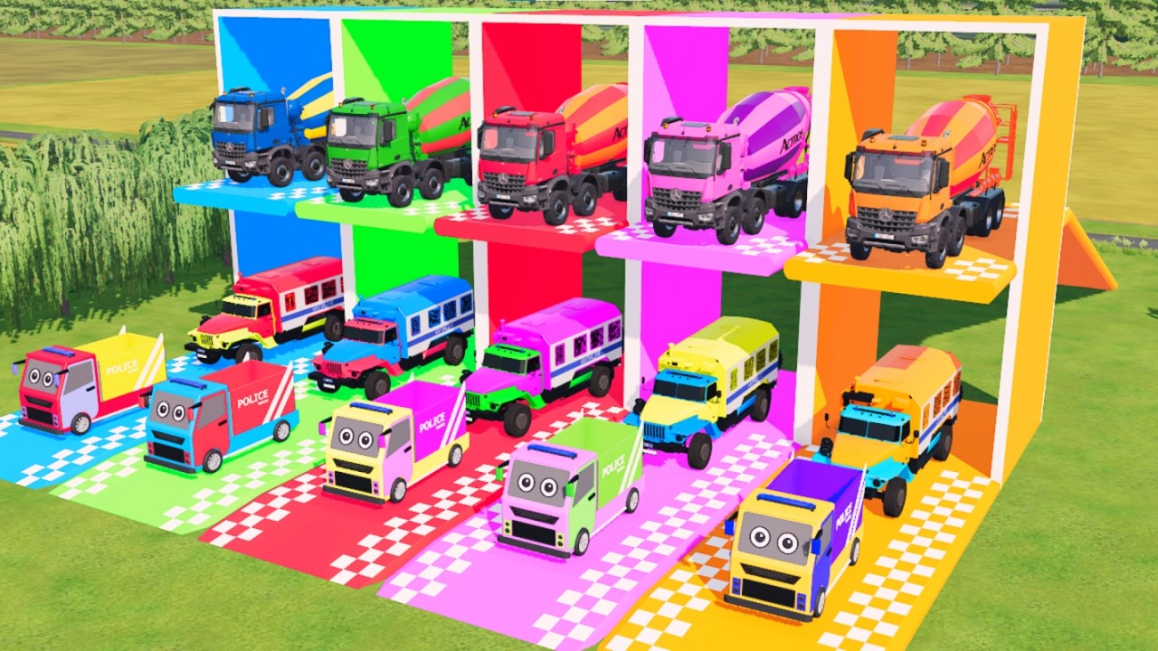 TRANSPORTING ALL CARS, AMBULANCE, POLICE CARS, FIRE TRUCK OF COLORS! WITH TRUCKS! - FS 22