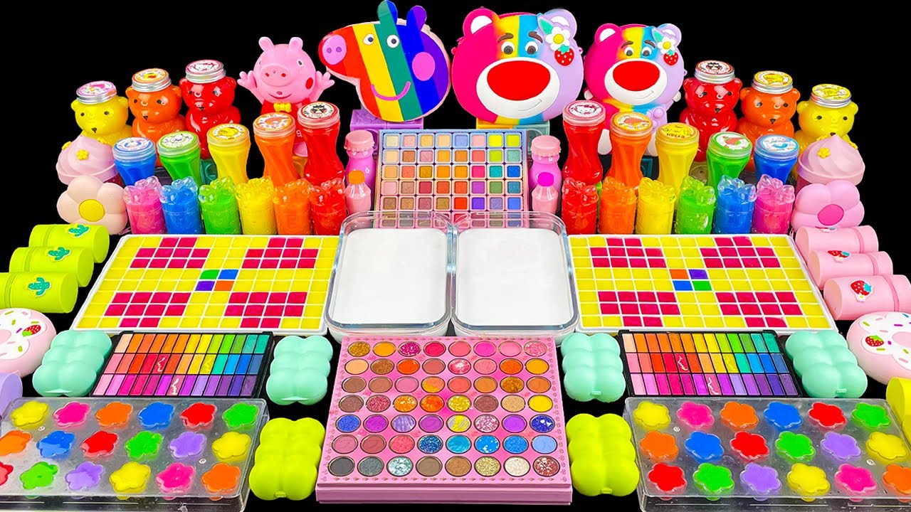 Slime Mixing Random ASMR 🌈 Rainbow Lotso Strawberry Bear vs Peppa Pig Slime Mixing Random 로또 딸기곰