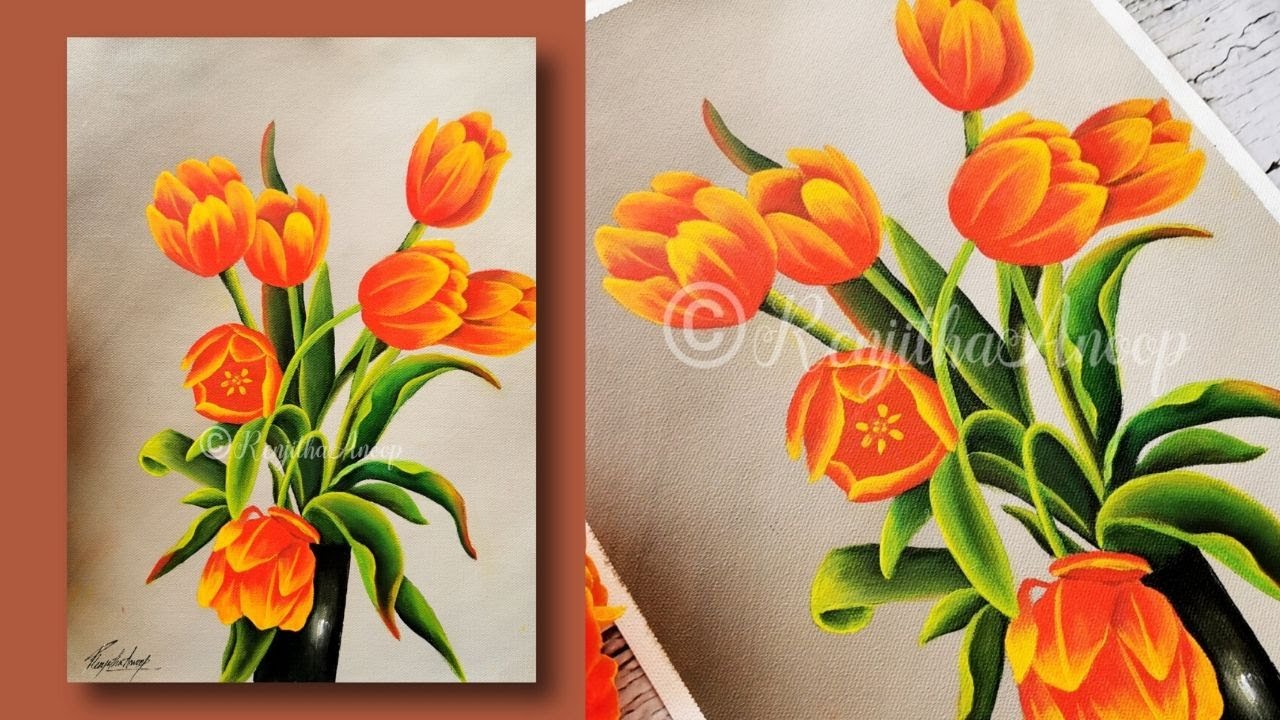 acrylic painting beautiful and easy TULIPS flower painting on canvas | Flower vase painting