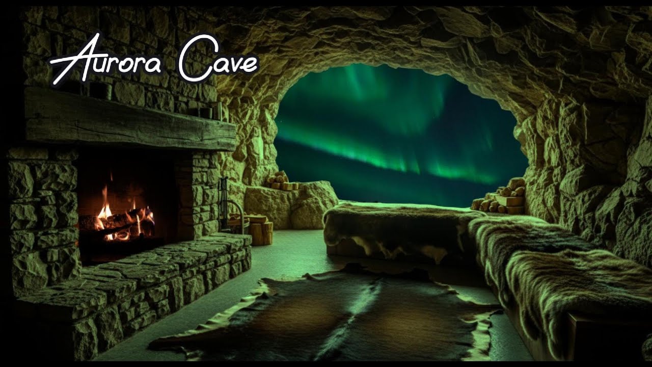 Cozy Aurora Cave, fire crackling & wind, northern lights ambience, reading ambience, no mid-roll ads