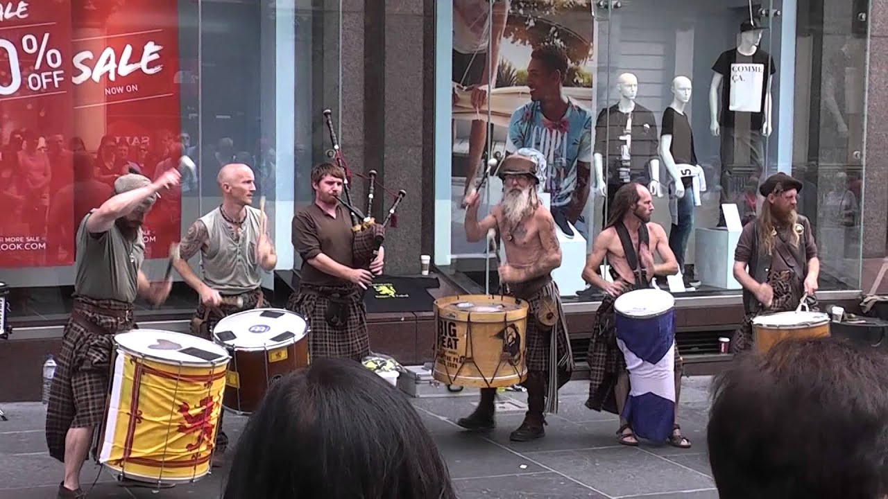 Bagpipes & drums on Buchanan Street Glasgow Scotland 2014 Caledonian drummers