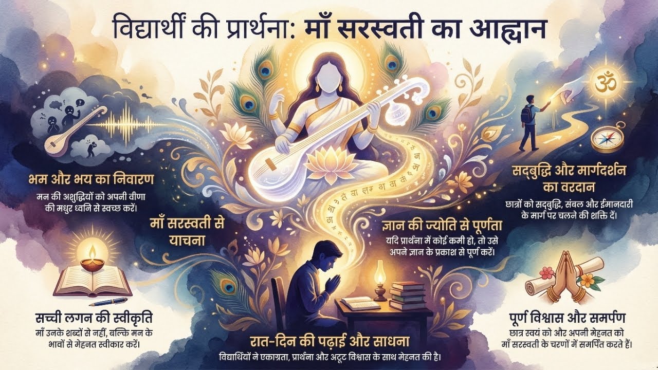 एक नये रूप में विद्यार्थी द्वारा मां सरस्वती के चरणों में की गई प्रार्थना