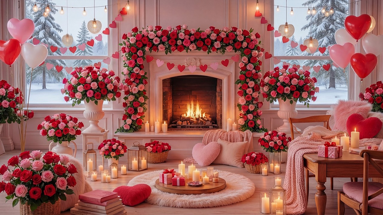 Happy Valentine's Day 💝 Cozy Valentine's Ambience with Relax Piano Music & Fireplace for Work, Study