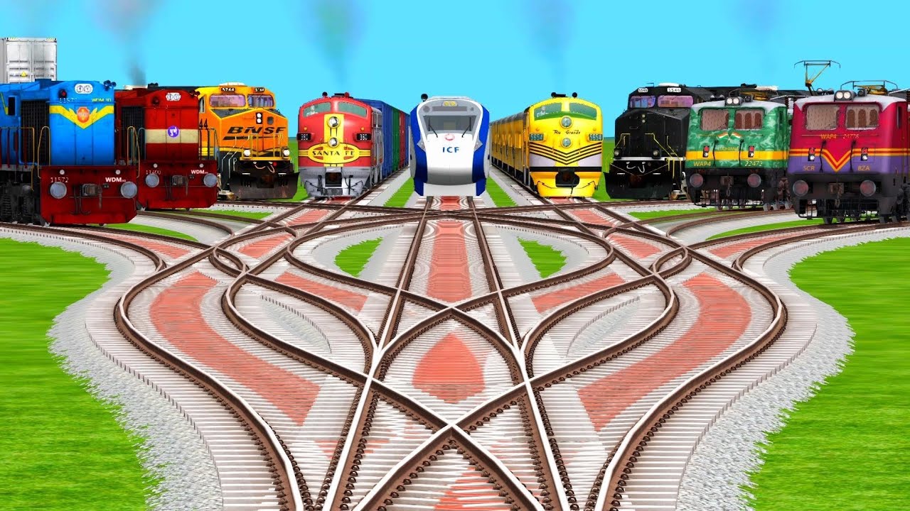 9 Trains Running At Bumpy Branched Railroad Tracks | train wala video | indian train simulator game 