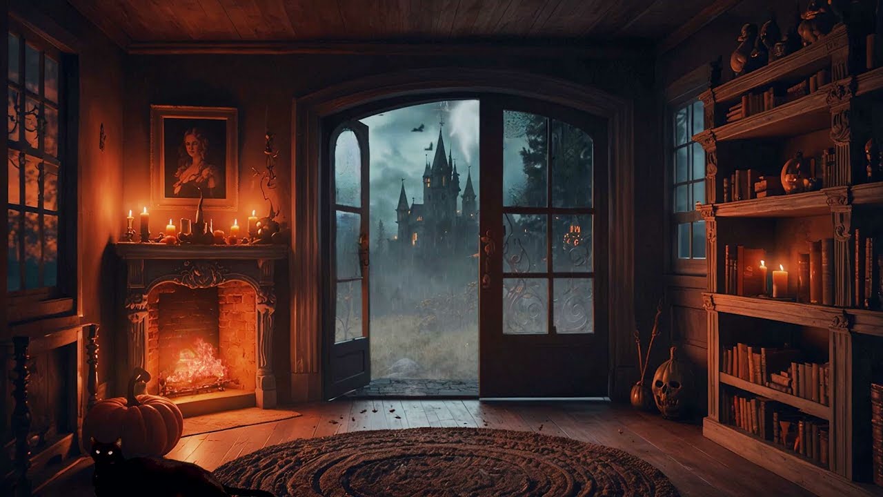 Majestic Halloween Ambience | Castle View and Relaxing Moody Music with Rain and Thunder