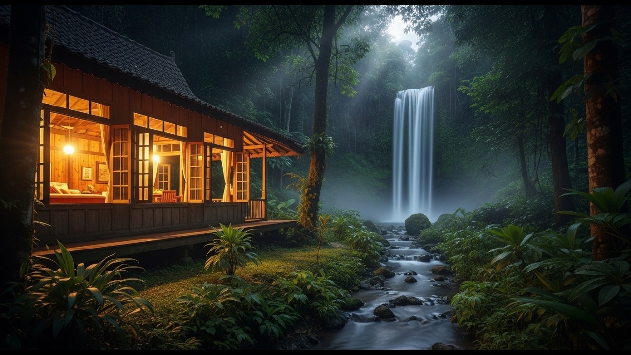 Hidden Rainforest Cabin | Waterfall, Gentle Rain & Deep Sleep Piano Ambience