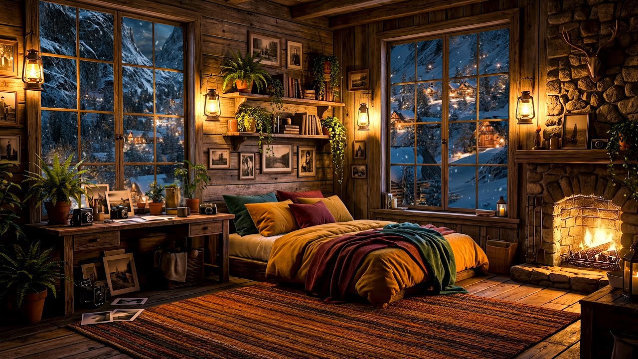 Cozy Winter Cabin Escape - Soothing Fireplace & Gentle Snowfall for Ultimate Relaxation