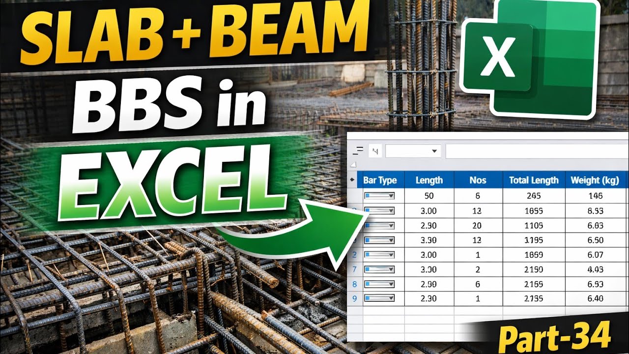 Part-34 | BBS for Slab & Beam in Excel | Bar Bending Schedule Step by Step (Hindi)