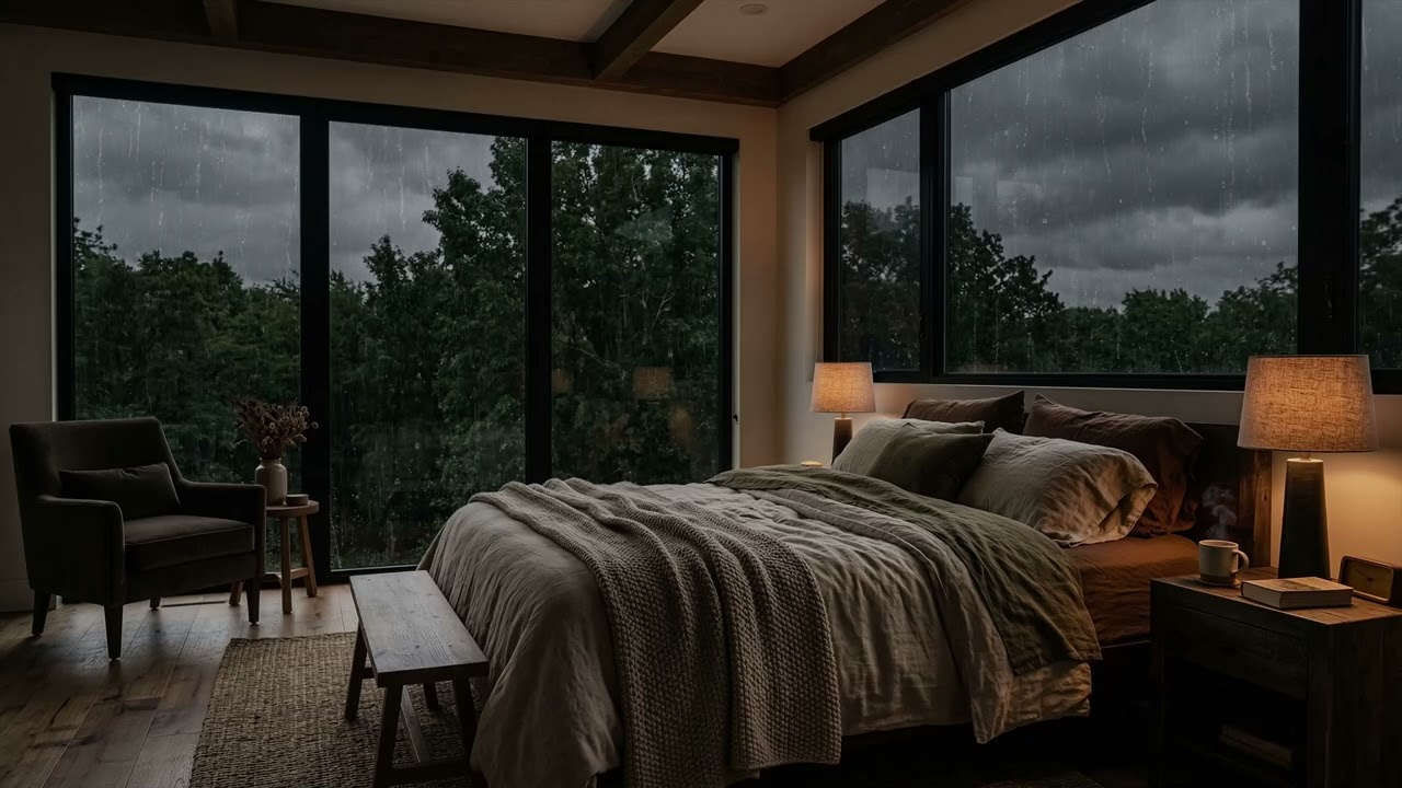 Soft Forest Rain 🌧️ Drifting Past A Cozy Bedroom Window While Tall Pines 🌲 Fade Into Mist