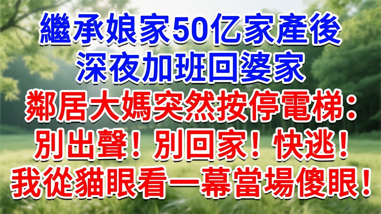 繼承娘家50億家產後，深夜加班回婆家，鄰居大媽突然按停電梯：別出聲！別回家！快逃！我從貓眼看一幕當場傻眼！#為人處世#生活經驗#情感故事#故事#小說#戀愛#情感#婚姻