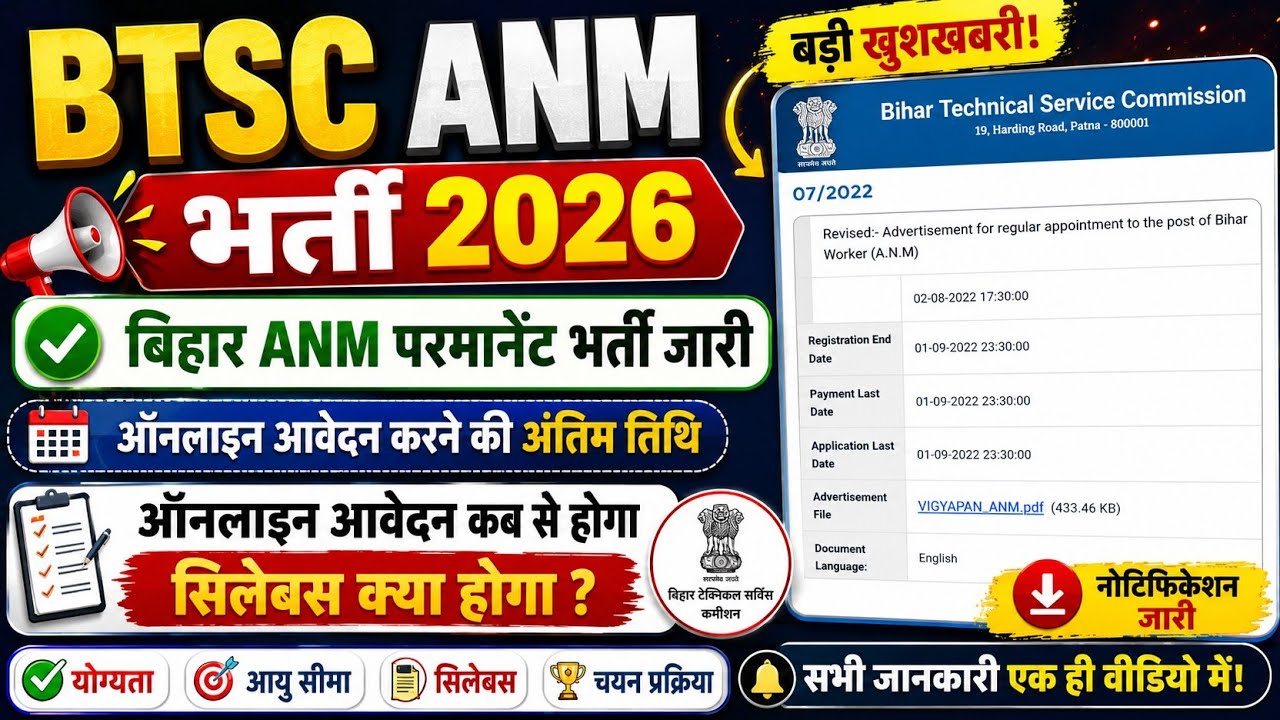 🔥BTSC ANM 8938 पद| बिहार ANM परमानेंट भर्ती जारी?|ऑनलाइन आवेदन तिथि कब से अंतिम तिथि कब तक सिलेबस 