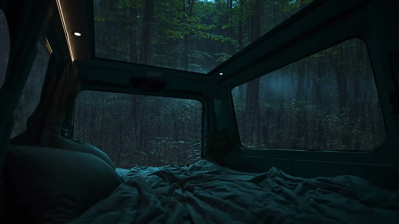 Falling Asleep in a Camping Car During a Rainy Thunderstorm Night | Cozy ASMR Sleep Sounds