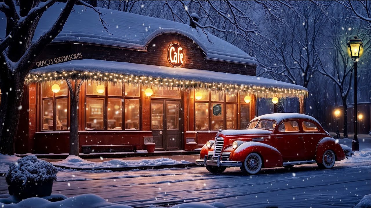 Snowy evening with Vintage Winter oldies playing in a Coffee Shop ~ Snowfall Ambience ASMR