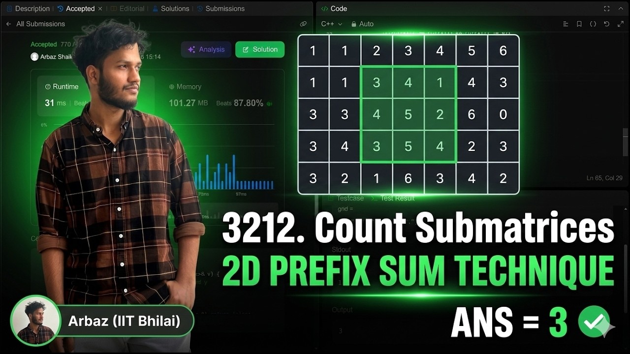 LeetCode 3212 | Count Submatrices With Equal Frequency of X and Y | Prefix Sum Explained | POTD