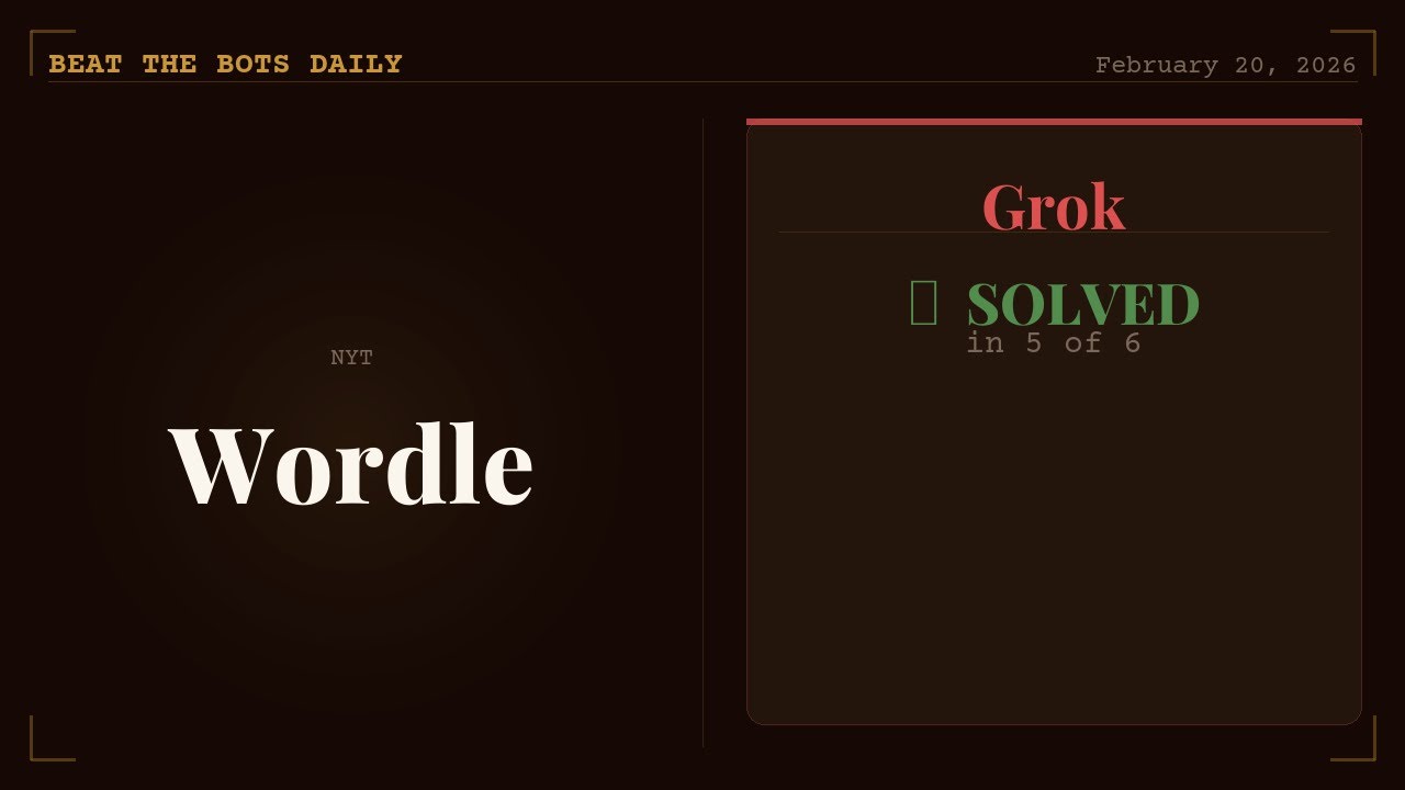 Grok plays Wordle &mdash; February 20, 2026 | Beat the Bots Daily