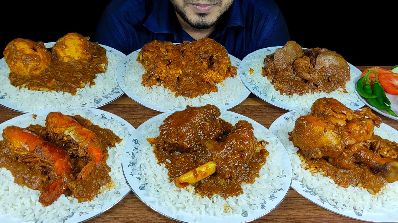 EATING MUTTON CURRY+PRAWN MASALA+CHICKEN CURRY+CHICKEN LIVER CURRY+FISH BHUNA+EGG MASALA WITH RICE