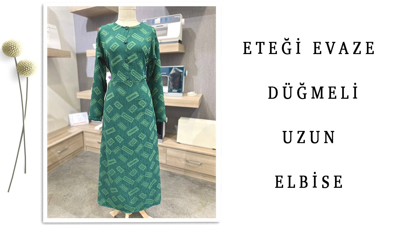 Eteği Evaze Düğmeli Uzun Elbise