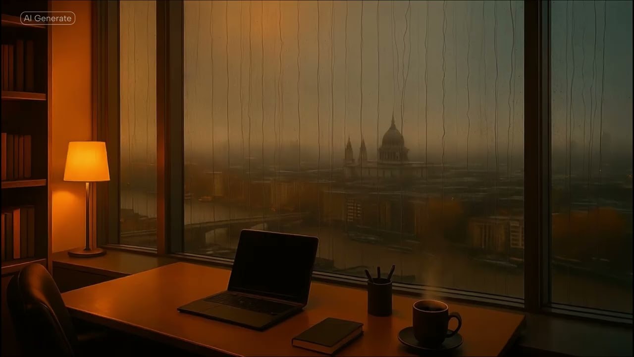 “Rain over London — calm workspace above the clouds ☕🌧️” Home office -  London View - Cozy Ambiance