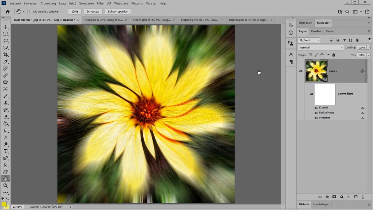 Photoshop en het Twirl effect: maak een swingende bloem met het filter Kronkel.