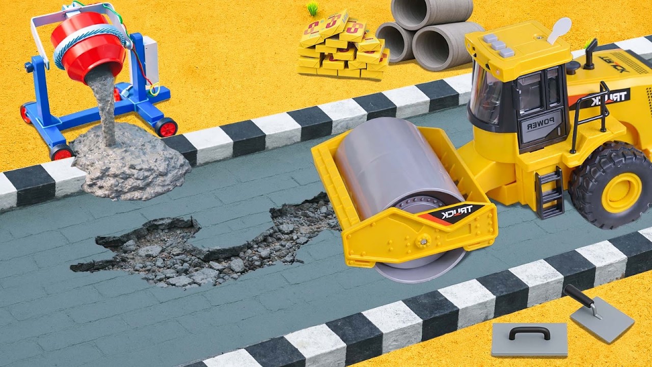 DIY Road Repair Project - Fixing a Broken Mini Road with Concrete and Roller Machine