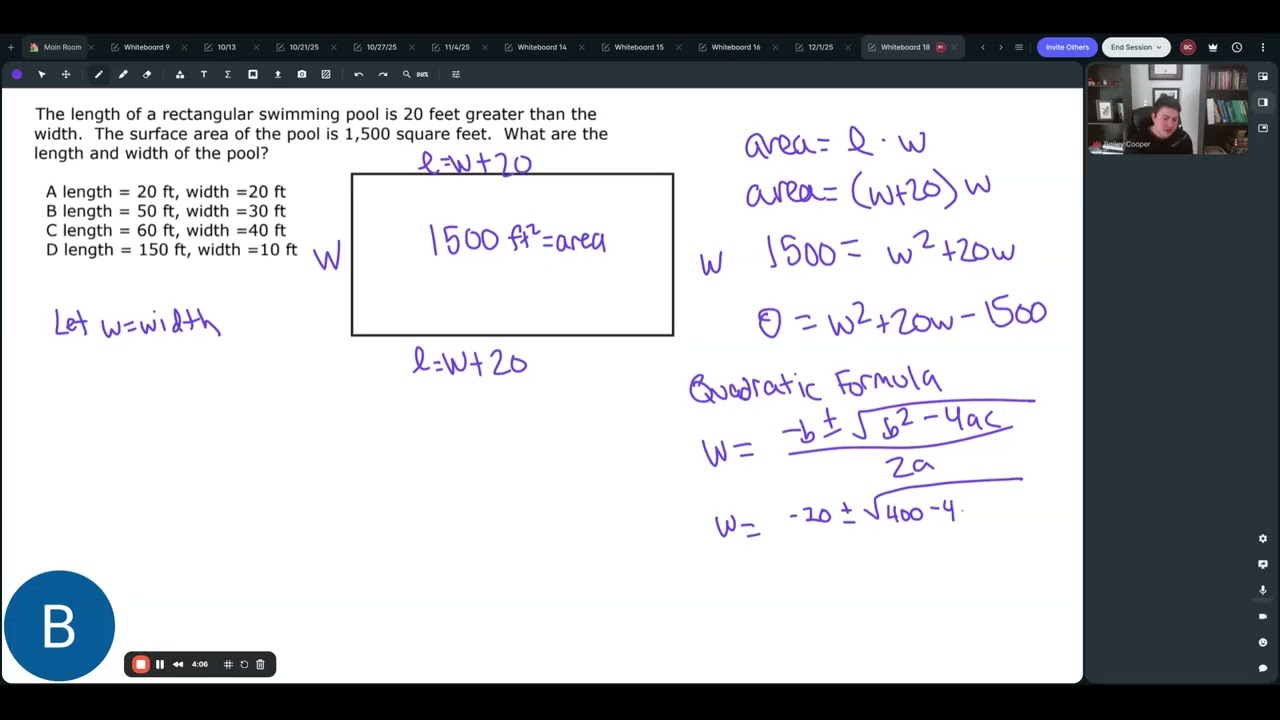 Solving Area Word Problems with the Quadratic Formula