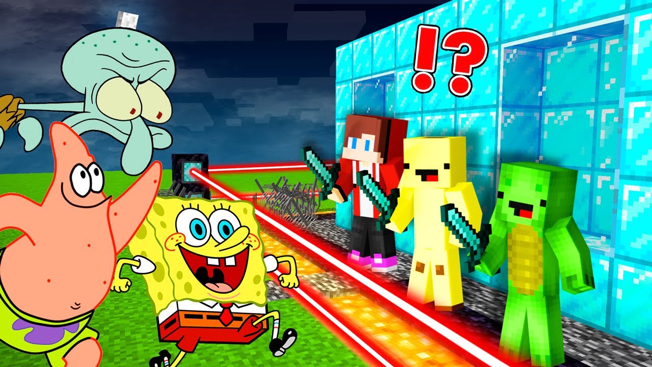 SPONGEBOB, PATRICK and Squidward vs Security House in Minecraft Maizen JJ and Mikey and Banana Kid