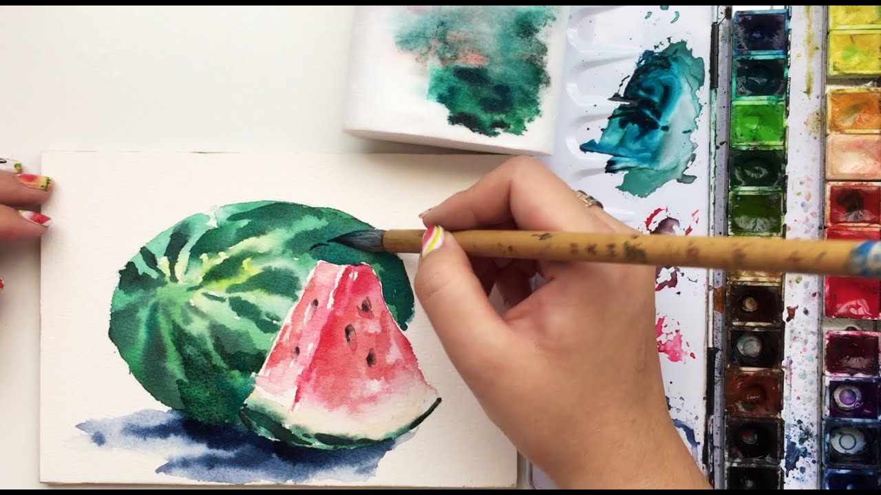 Real Time Watercolor Watermelon Painting Tutorial by Untamed Little Wolf