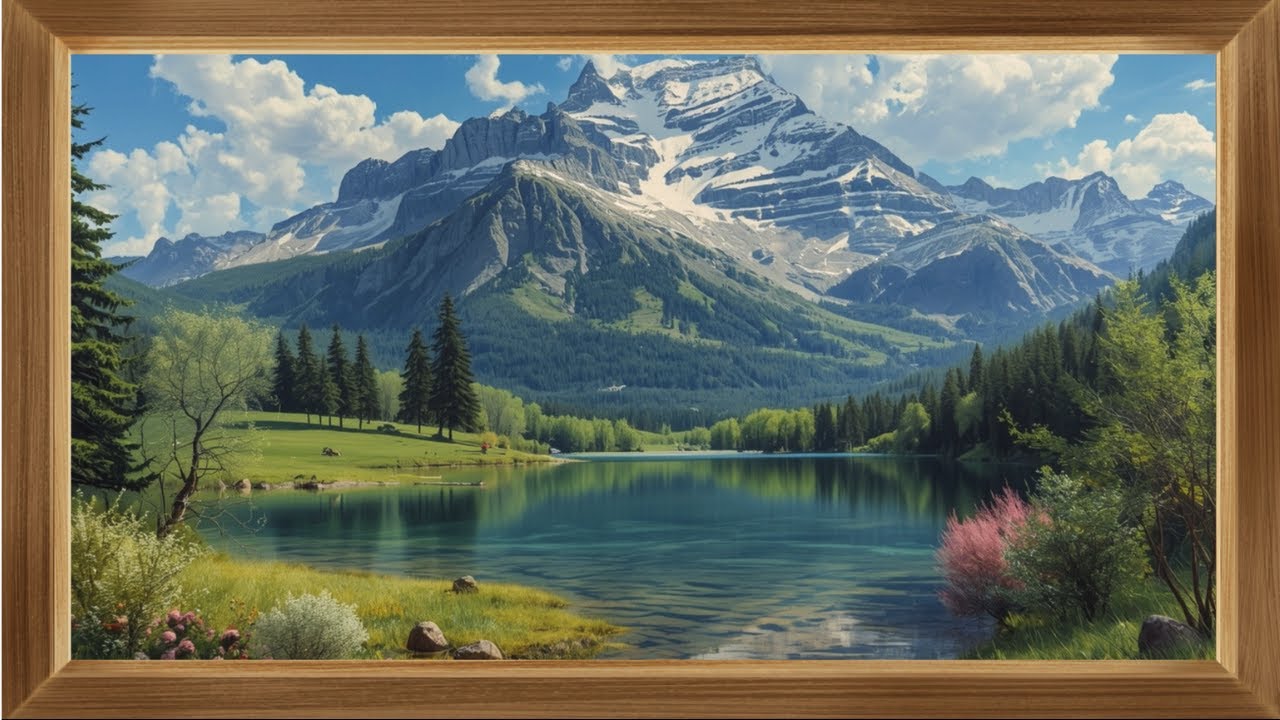 Lago Sereno en Bosque y Montañas - Cuadro Enmarcado Arte TV - Salvapantallas Relajante 4K