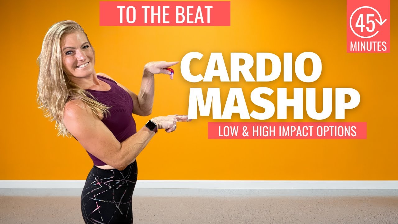 High or Low Impact Cardio mashup Workout (fun and sweaty) 45 Minutes