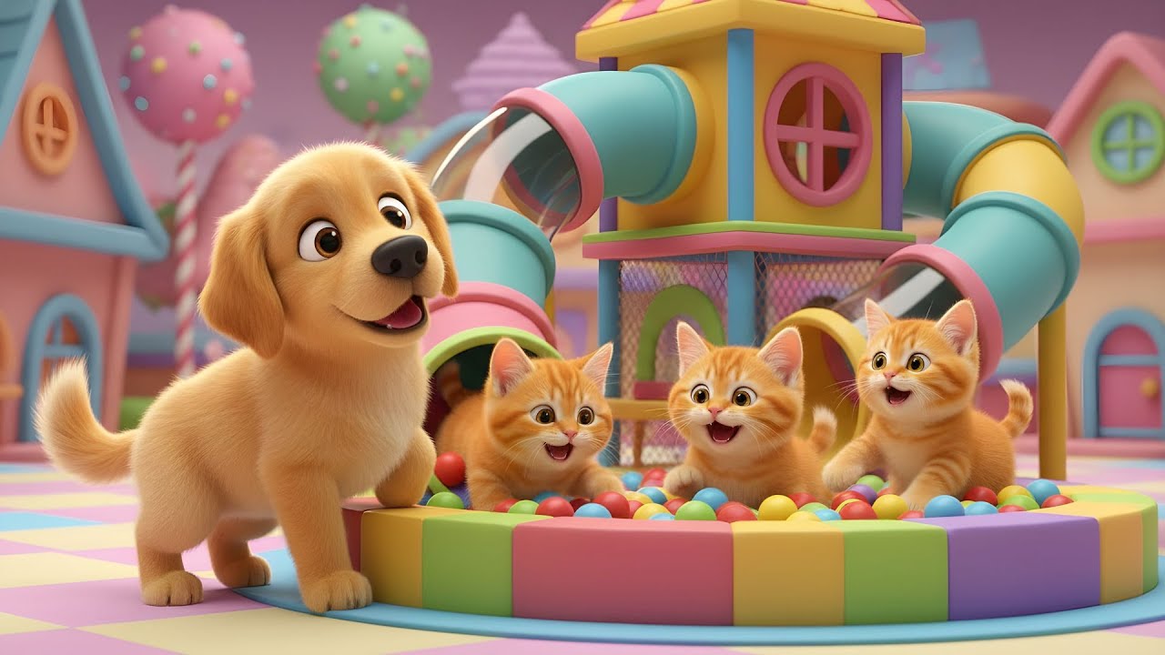 Cute Kitten Plays in Ball Pit & Endless Slide Playground | SunnySmiles Kids