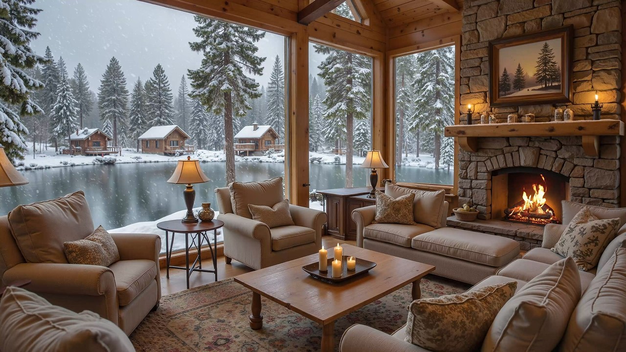 Relaxing Winter Snowfall with Soft Piano Music on Cozy Cabin Ambience ⛄ Fireplace Sounds for Unwind