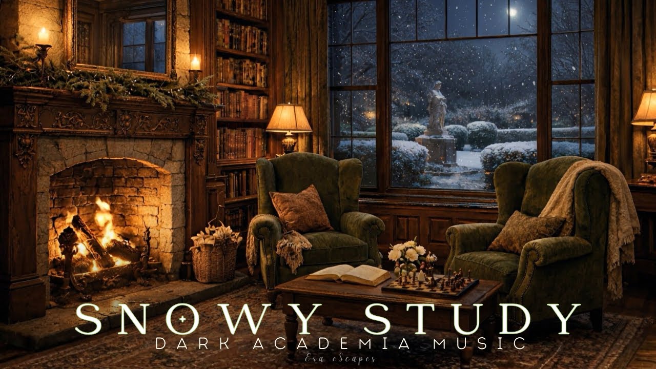 Snowy Manor Study at Night | Dark Academia Piano & Fireplace Ambience for Study & Sleep