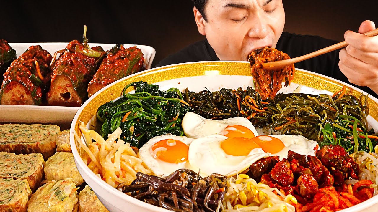 나물 10가지와 계란후라이도 듬뿍 넣은 비빔밥과 오이소박이, 계란말이 먹방~!! 리얼사운드 ASMR Mukbang(Eating Show)