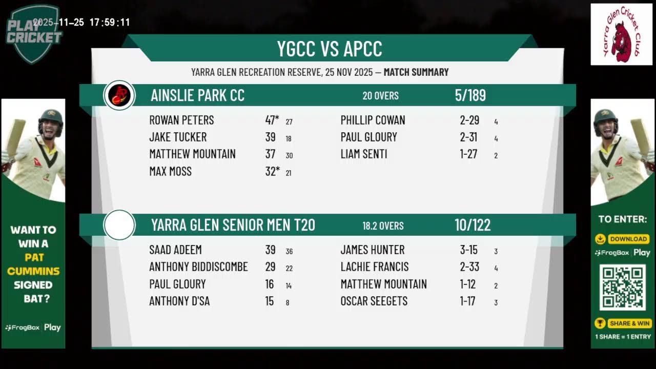 Yarra Glen Senior Men T20 v Ainslie Park CC