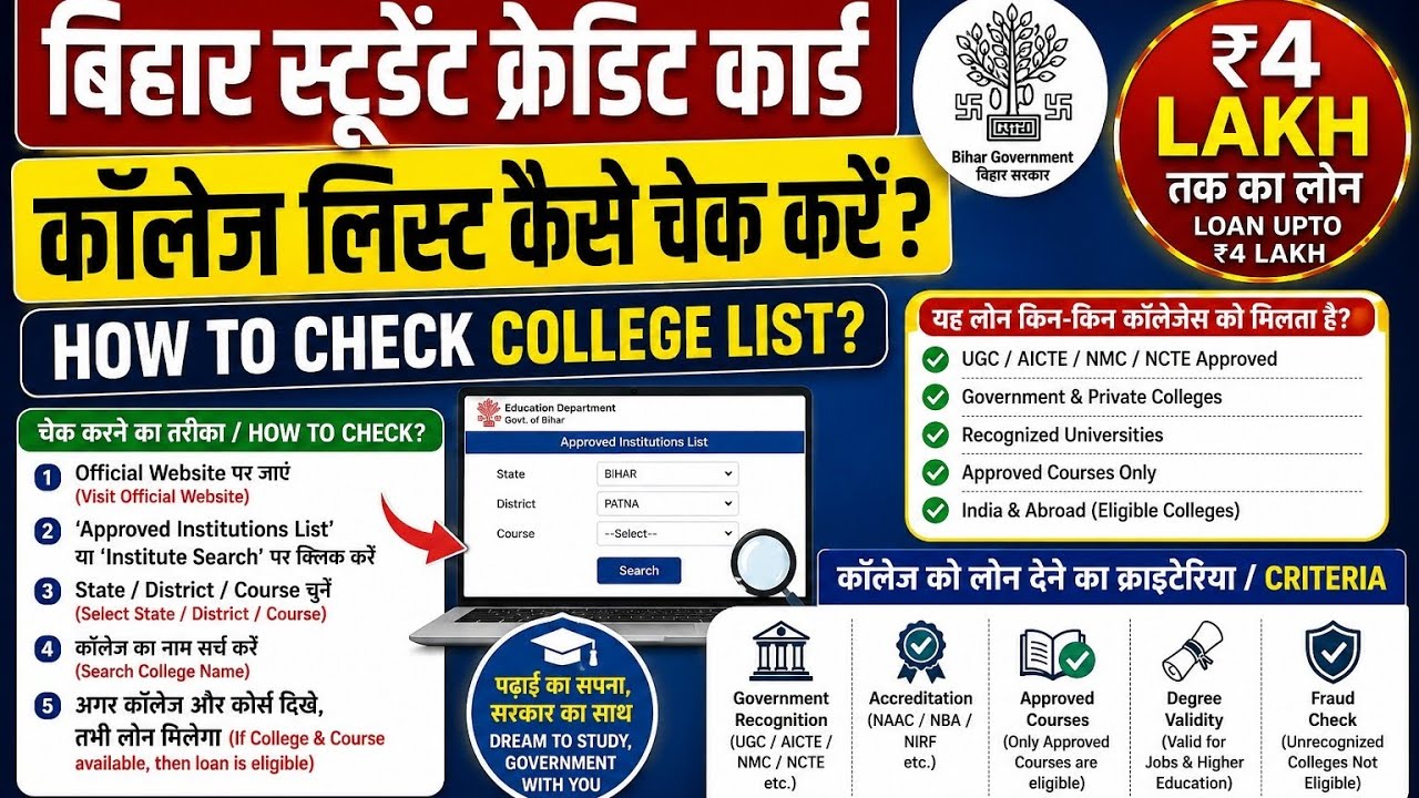 BSCC Approved College List 2026 | Bihar Student Credit Card Approved Colleges & Course | 2026 list