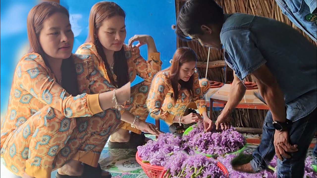 Trở lại nhà anh Thánh leo dừa, bắt gặp hai anh em hái hoa lục bình làm lẩu mấn