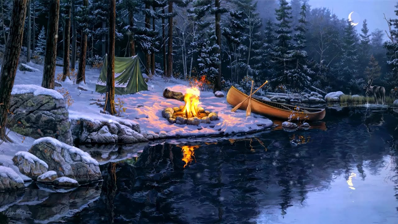 Campfire sleep sounds 1 hour - Experience Winter Wonderland with Lakefront Campfire @Gentlelullabies