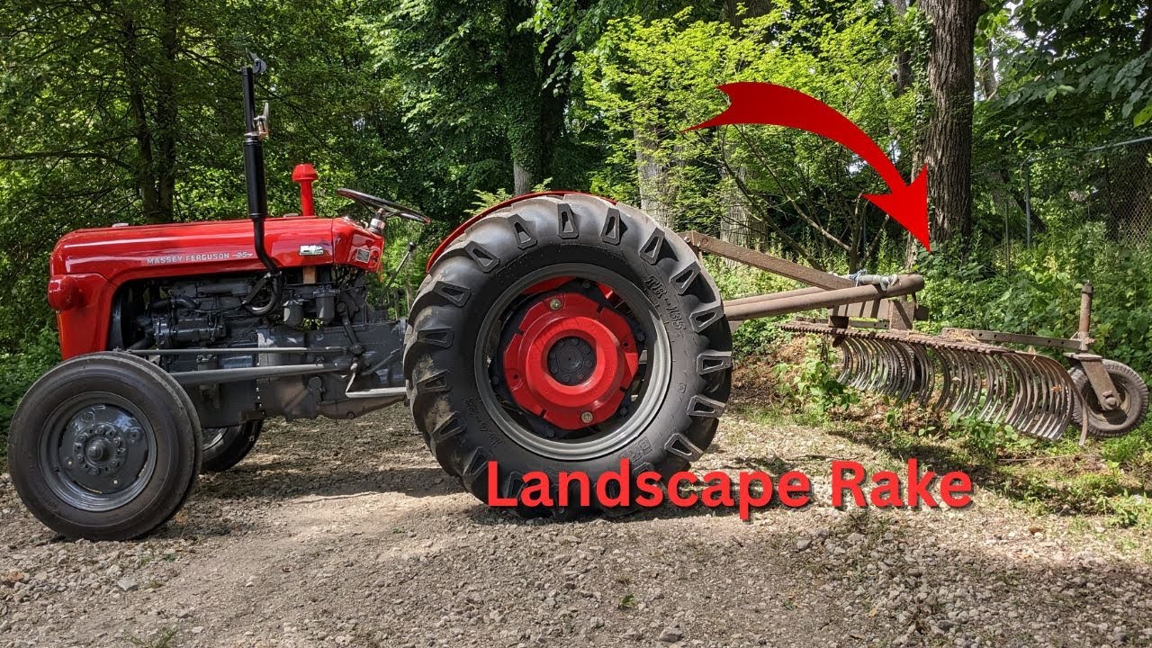 Landscape rake on MF 35 to refresh old stone driveway