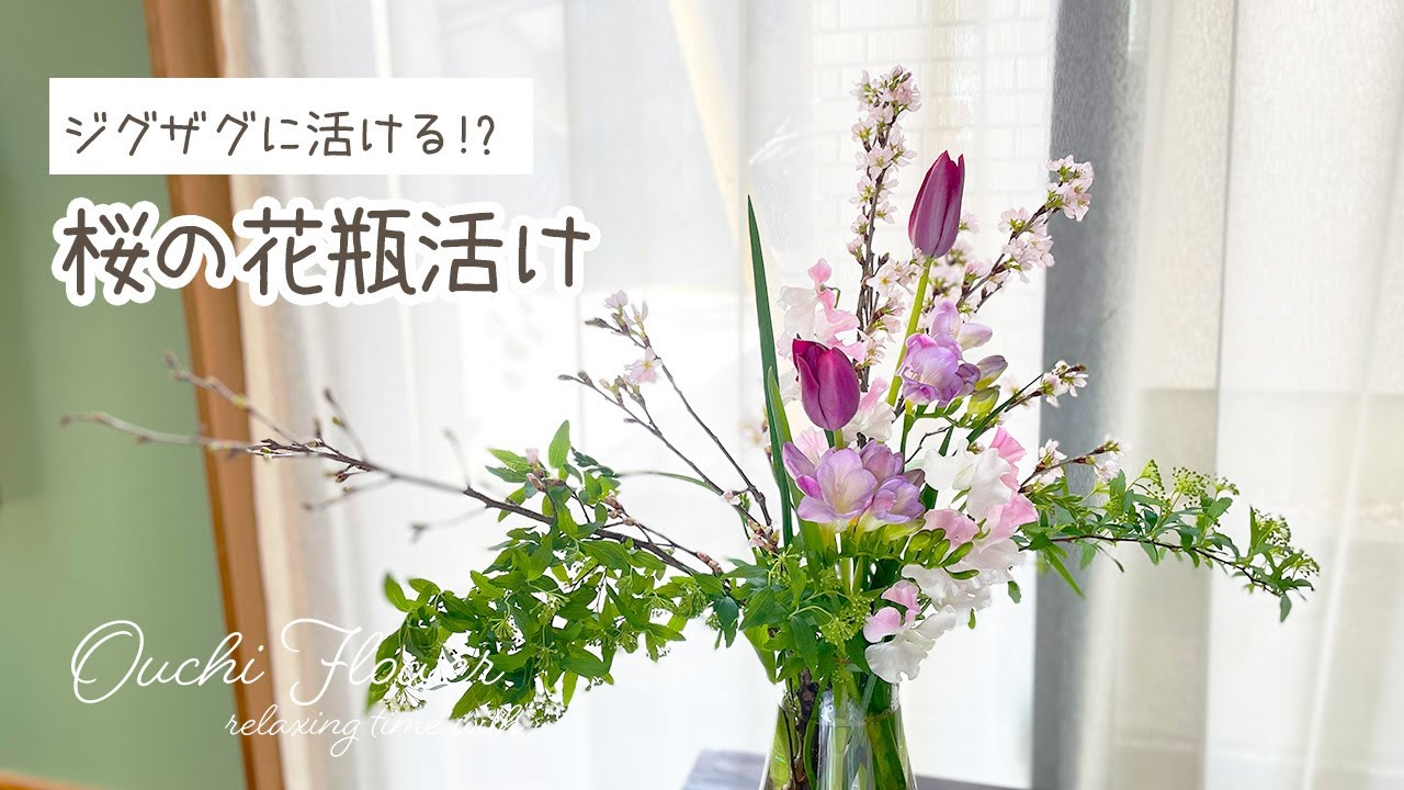 春の花瓶活け🌸桜の枝を割って、チューリップ・フリージア・スイトピーをジグザグに活けるよ【おうちフラワー#72 】