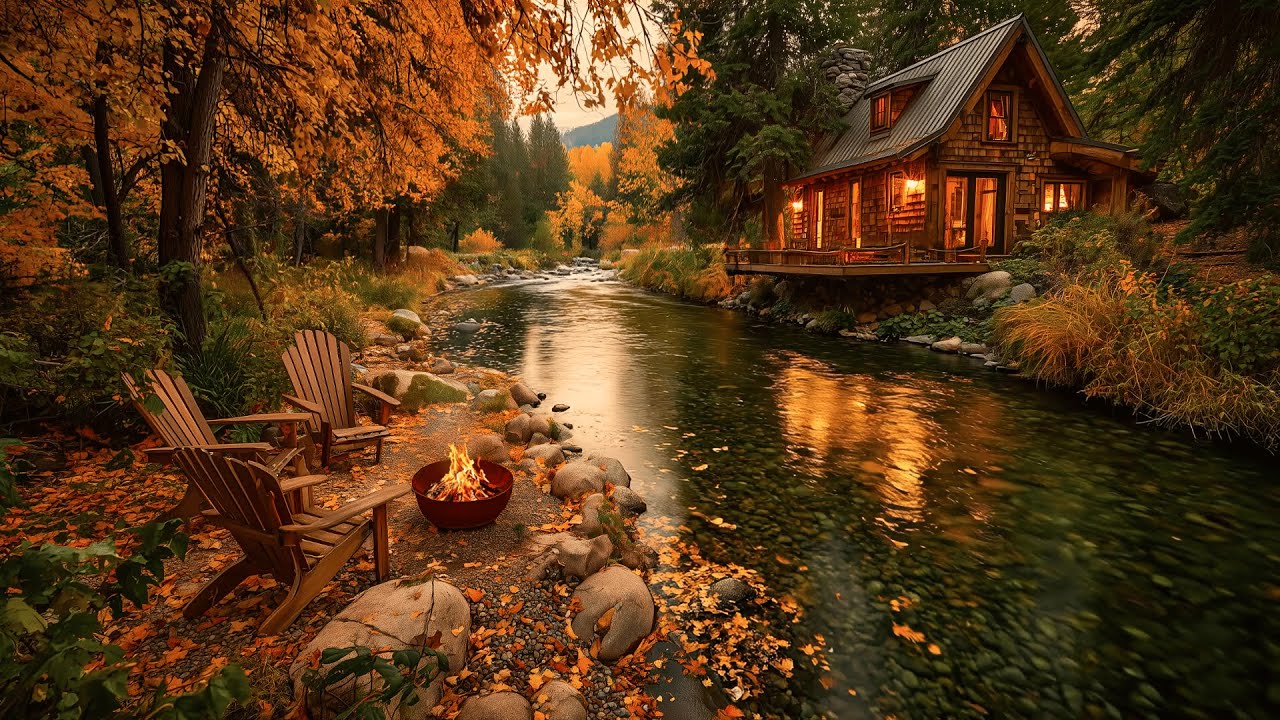 Relaxing Autumn Morning by a Riverside Cabin with Fire Crackles & Forest Birds Sounds