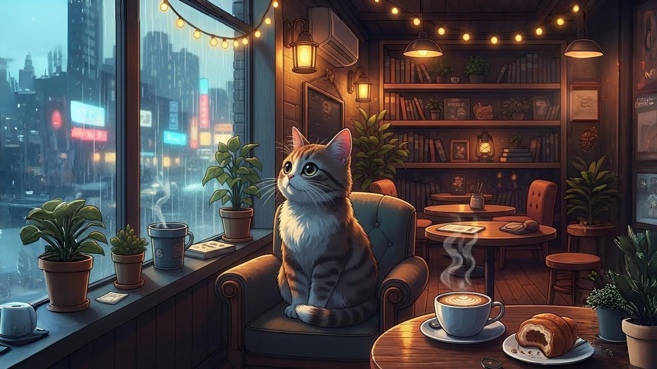 Cozy Cat Coffee Shop ☕ Rain & Lofi Hip Hop Mix [Music for Study/Focus]