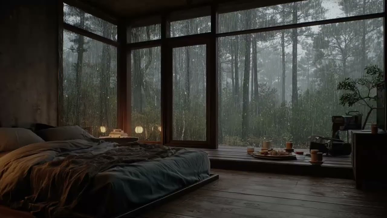 Cozy Mountain Bedroom 🌧️ Heavy Rain on Deck Sounds for Deep Sleep Tonight