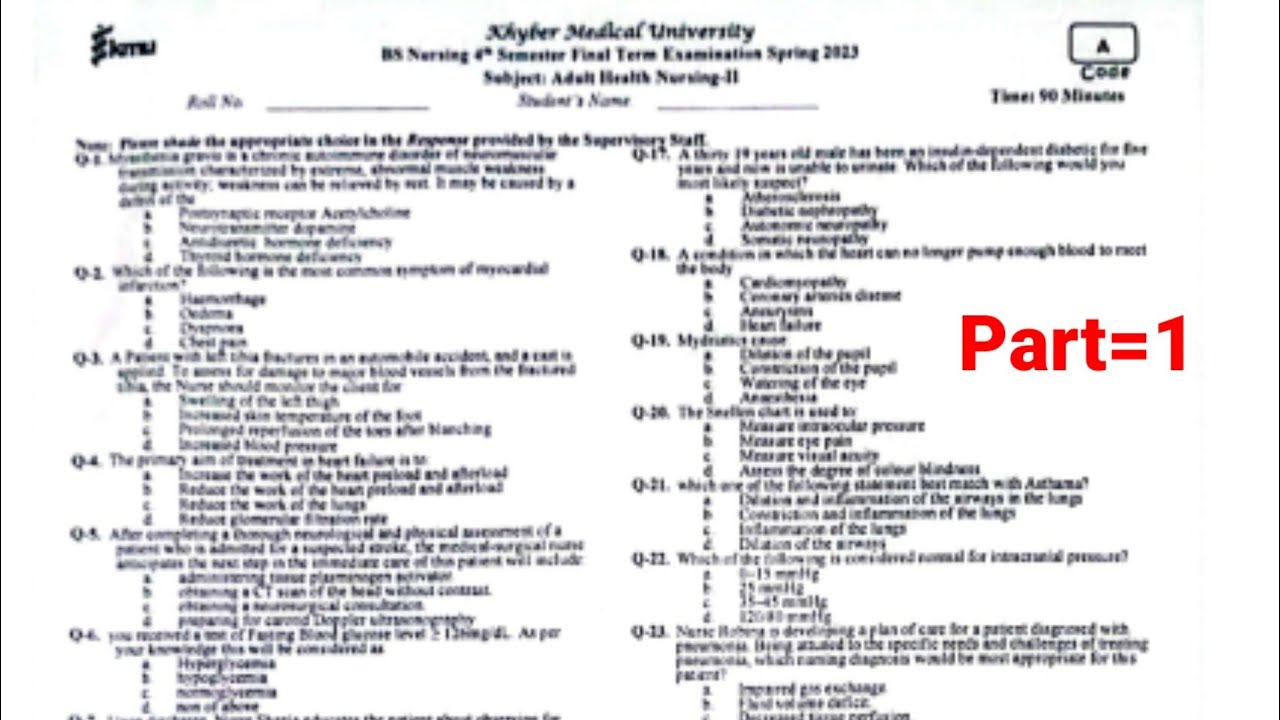 Adult health nursing 2023/2024 //4th semester Past paper// part=1 #kmu #bsn