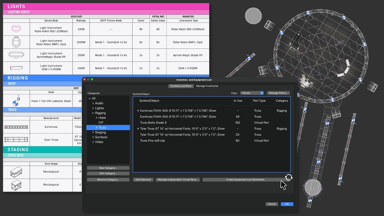 Equipment Lists | Vectorworks 2024
