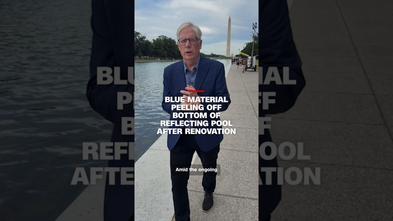 Blue material peeling off bottom of Reflecting Pool after renovation