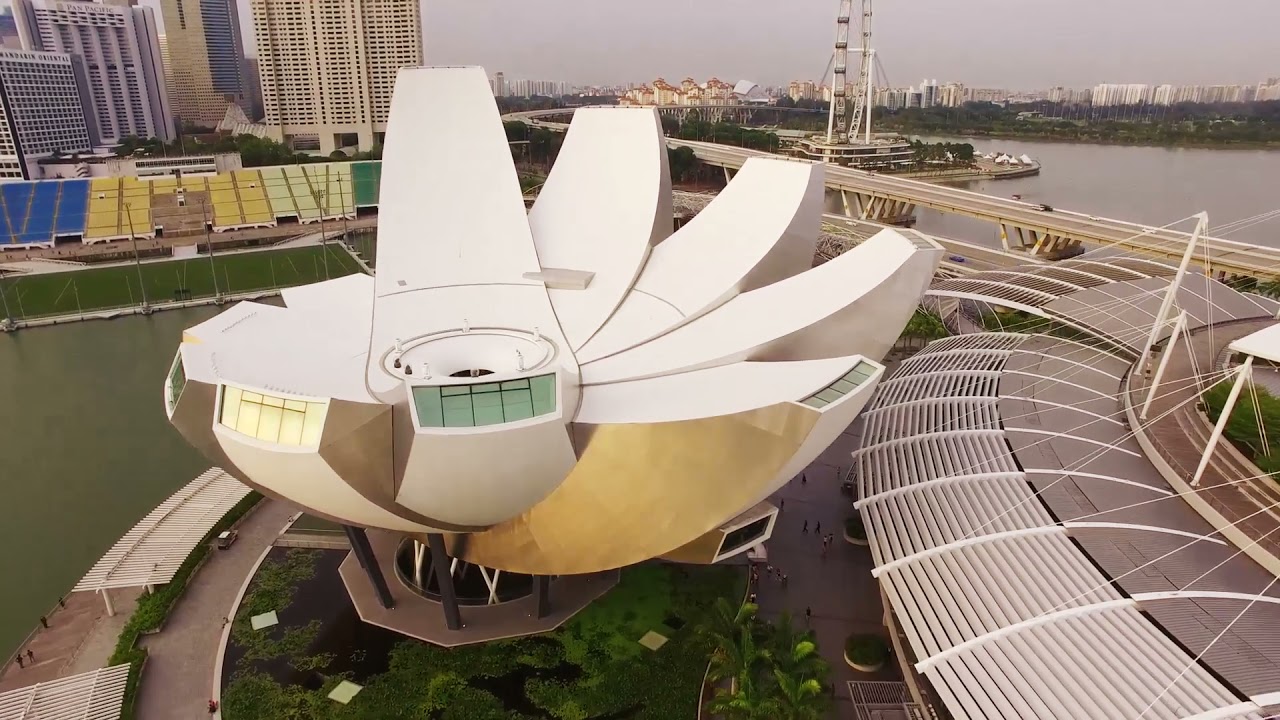 Singapore city skyline with drone in marina bay sands