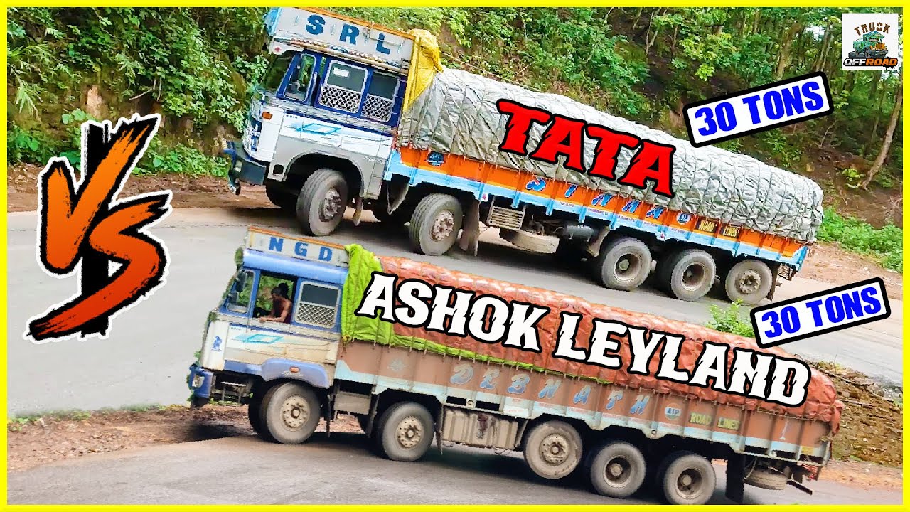 Heavy Loaded Trucks Turning Challenge on Same Ghat - TATA VS LEYLAND 