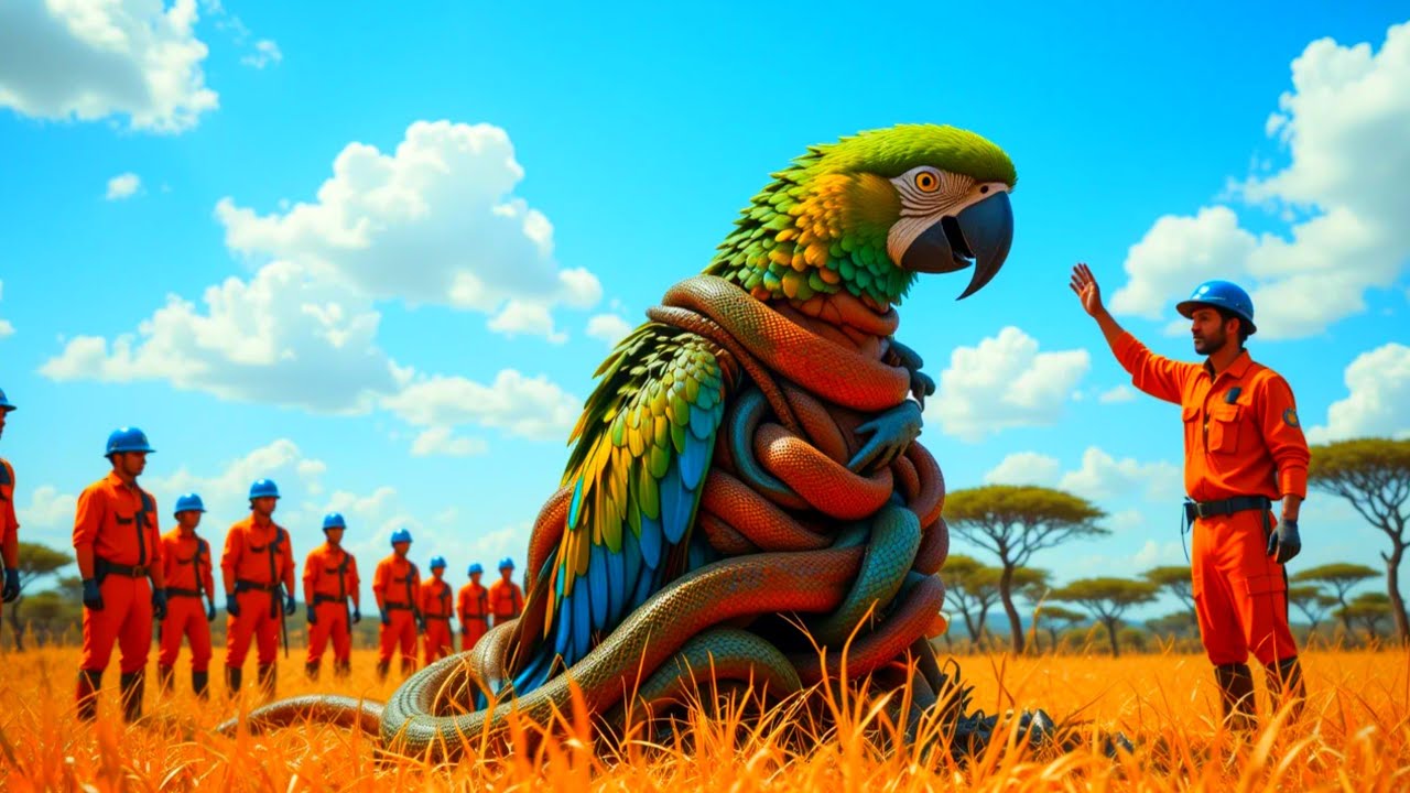 Rescue Team is Saving The Parrot from The Snake. Animals Rescue Team.